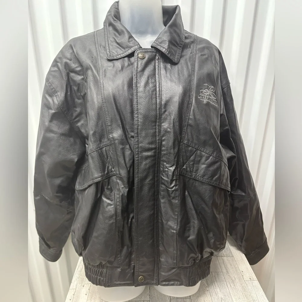 Vintage E.G. Collection Men's Black Leather Jacket with Las Vegas Logo